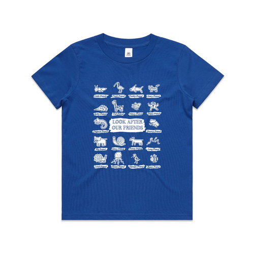 Look After Our Friends Kids Tee by Lonely Kids Club. All clothing from our T-shirts to our shorts and hoodies are ethically made, and printed packed and shipped from Sydney.