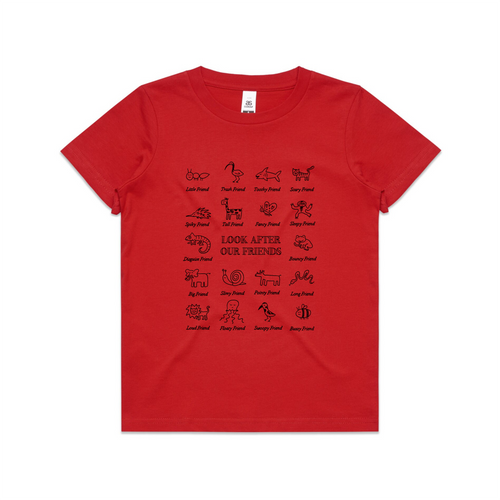 Look After Our Friends Kids Tee by Lonely Kids Club. All clothing from our T-shirts to our shorts and hoodies are ethically made, and printed packed and shipped from Sydney.