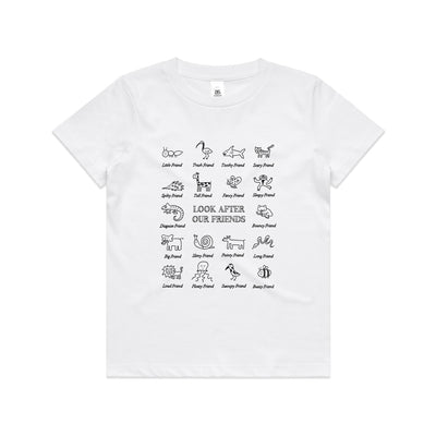 Look After Our Friends Kids Tee by Lonely Kids Club. All clothing from our T-shirts to our shorts and hoodies are ethically made, and printed packed and shipped from Sydney.