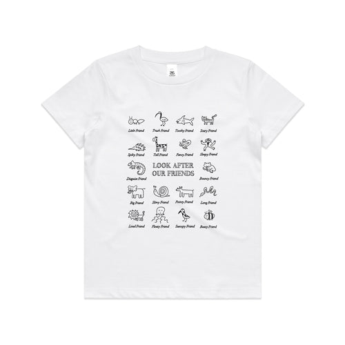 Look After Our Friends Kids Tee by Lonely Kids Club. All clothing from our T-shirts to our shorts and hoodies are ethically made, and printed packed and shipped from Sydney.