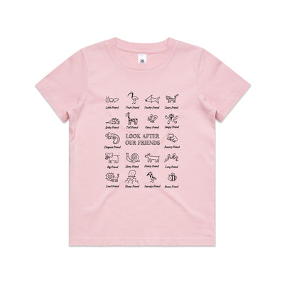 Look After Our Friends Kids Tee by Lonely Kids Club. All clothing from our T-shirts to our shorts and hoodies are ethically made, and printed packed and shipped from Sydney.