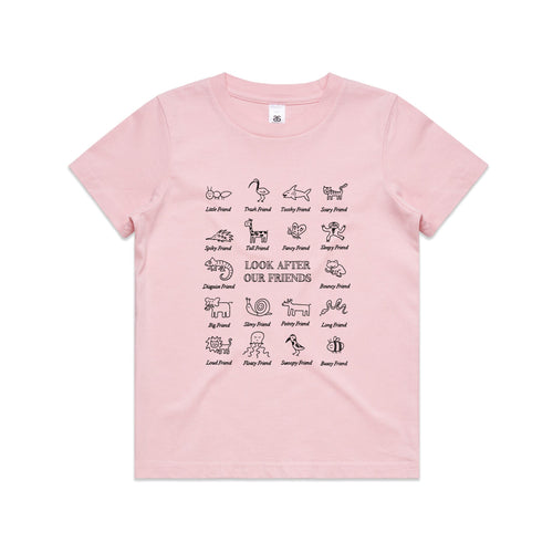 Look After Our Friends Kids Tee by Lonely Kids Club. All clothing from our T-shirts to our shorts and hoodies are ethically made, and printed packed and shipped from Sydney.
