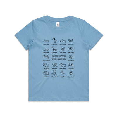 Look After Our Friends Kids Tee by Lonely Kids Club. All clothing from our T-shirts to our shorts and hoodies are ethically made, and printed packed and shipped from Sydney.