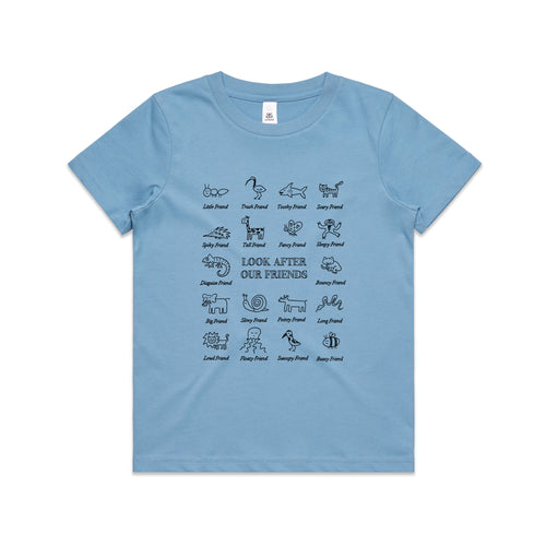 Look After Our Friends Kids Tee by Lonely Kids Club. All clothing from our T-shirts to our shorts and hoodies are ethically made, and printed packed and shipped from Sydney.