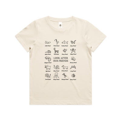 Look After Our Friends Kids Tee by Lonely Kids Club. All clothing from our T-shirts to our shorts and hoodies are ethically made, and printed packed and shipped from Sydney.