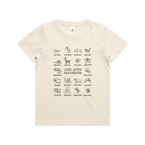 Look After Our Friends Kids Tee by Lonely Kids Club. All clothing from our T-shirts to our shorts and hoodies are ethically made, and printed packed and shipped from Sydney.