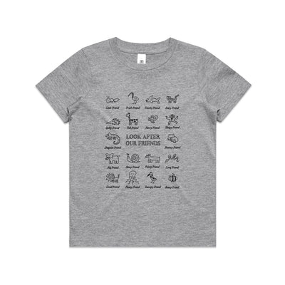 Look After Our Friends Kids Tee by Lonely Kids Club. All clothing from our T-shirts to our shorts and hoodies are ethically made, and printed packed and shipped from Sydney.