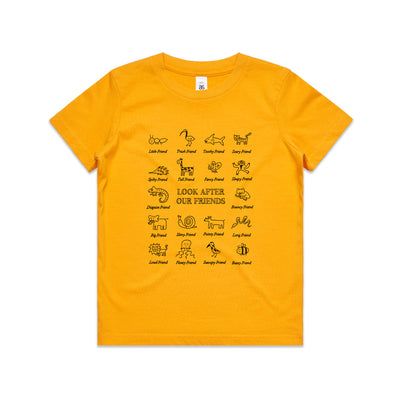 Look After Our Friends Kids Tee by Lonely Kids Club. All clothing from our T-shirts to our shorts and hoodies are ethically made, and printed packed and shipped from Sydney.