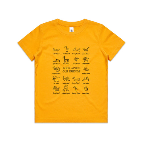 Look After Our Friends Kids Tee by Lonely Kids Club. All clothing from our T-shirts to our shorts and hoodies are ethically made, and printed packed and shipped from Sydney.