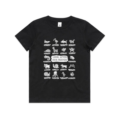 Look After Our Friends Kids Tee by Lonely Kids Club. All clothing from our T-shirts to our shorts and hoodies are ethically made, and printed packed and shipped from Sydney.