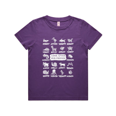 Look After Our Friends Kids Tee by Lonely Kids Club. All clothing from our T-shirts to our shorts and hoodies are ethically made, and printed packed and shipped from Sydney.