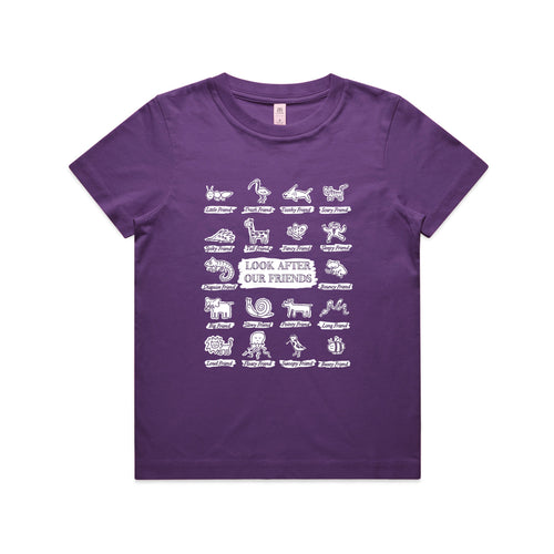 Look After Our Friends Kids Tee by Lonely Kids Club. All clothing from our T-shirts to our shorts and hoodies are ethically made, and printed packed and shipped from Sydney.