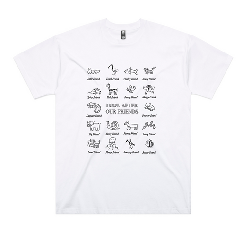 Look After Our Friends Oversized Tee by Lonely Kids Club. All clothing from our T-shirts to our shorts and hoodies are ethically made, and printed packed and shipped from Sydney.