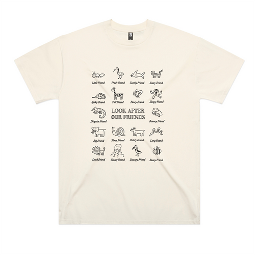 Look After Our Friends Oversized Tee by Lonely Kids Club. All clothing from our T-shirts to our shorts and hoodies are ethically made, and printed packed and shipped from Sydney.