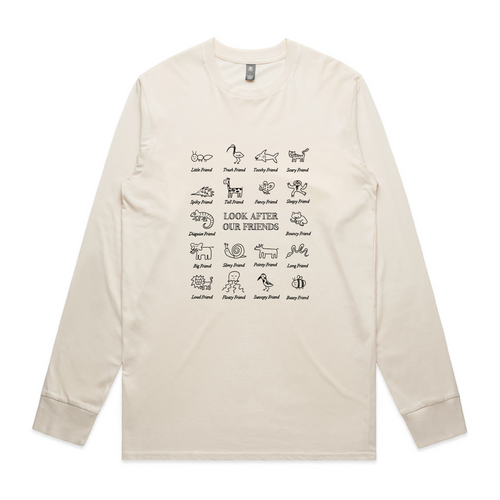Look After Our Friends Tee by Lonely Kids Club. All clothing from our T-shirts to our shorts and hoodies are ethically made, and printed packed and shipped from Sydney.