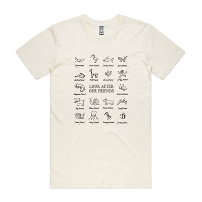 Look After Our Friends Tee by Lonely Kids Club. All clothing from our T-shirts to our shorts and hoodies are ethically made, and printed packed and shipped from Sydney.