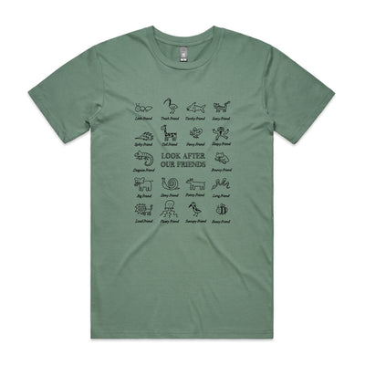 Look After Our Friends Tee by Lonely Kids Club. All clothing from our T-shirts to our shorts and hoodies are ethically made, and printed packed and shipped from Sydney.