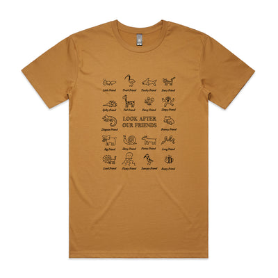 Look After Our Friends Tee by Lonely Kids Club. All clothing from our T-shirts to our shorts and hoodies are ethically made, and printed packed and shipped from Sydney.