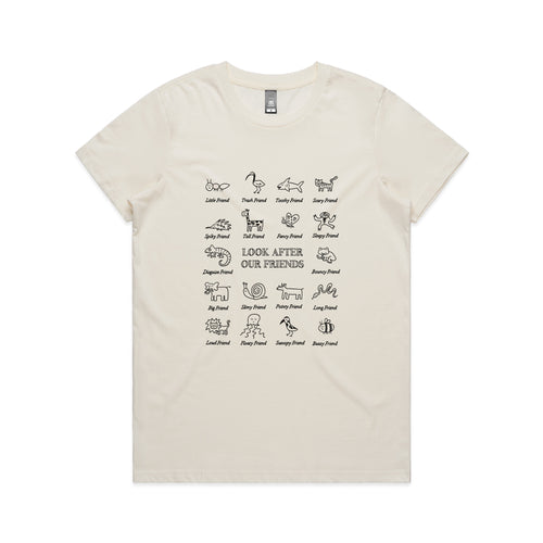 Look After Our Friends Tee by Lonely Kids Club. All clothing from our T-shirts to our shorts and hoodies are ethically made, and printed packed and shipped from Sydney.