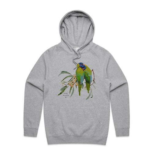 Lorikeet Lovers Hoodie by Lonely Kids Club. All clothing from our T-shirts to our shorts and hoodies are ethically made, and printed packed and shipped from Sydney.