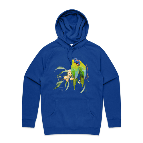 Lorikeet Lovers Hoodie by Lonely Kids Club. All clothing from our T-shirts to our shorts and hoodies are ethically made, and printed packed and shipped from Sydney.