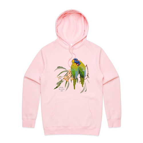 Lorikeet Lovers Hoodie by Lonely Kids Club. All clothing from our T-shirts to our shorts and hoodies are ethically made, and printed packed and shipped from Sydney.
