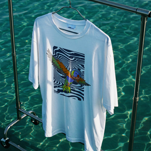 Space Lorikeet Oversized Tee by Lonely Kids Club. All clothing from our T-shirts to our shorts and hoodies are ethically made, and printed packed and shipped from Sydney.