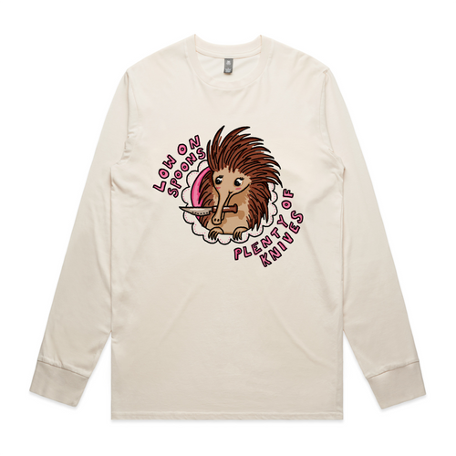 Low On Spoons Tee by Lonely Kids Club. All clothing from our T-shirts to our shorts and hoodies are ethically made, and printed packed and shipped from Sydney.