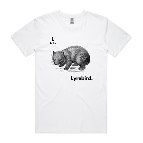 L Is For Lyrebird Tee by Lonely Kids Club. All clothing from our T-shirts to our shorts and hoodies are ethically made, and printed packed and shipped from Sydney.