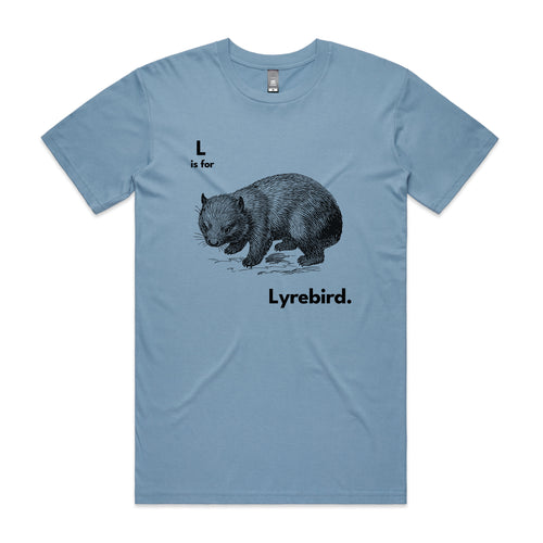 L Is For Lyrebird Tee by Lonely Kids Club. All clothing from our T-shirts to our shorts and hoodies are ethically made, and printed packed and shipped from Sydney.