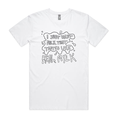 Real Milk Tee by Lonely Kids Club. All clothing from our T-shirts to our shorts and hoodies are ethically made, and printed packed and shipped from Sydney.