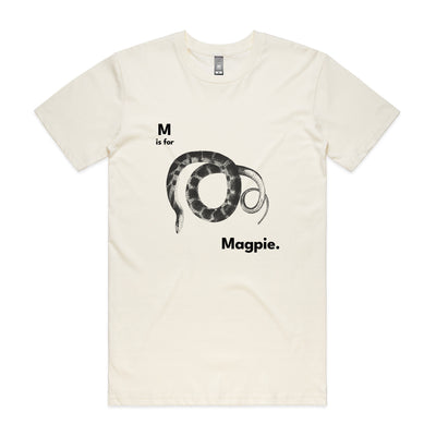 M Is For Magpie Tee by Lonely Kids Club. All clothing from our T-shirts to our shorts and hoodies are ethically made, and printed packed and shipped from Sydney.