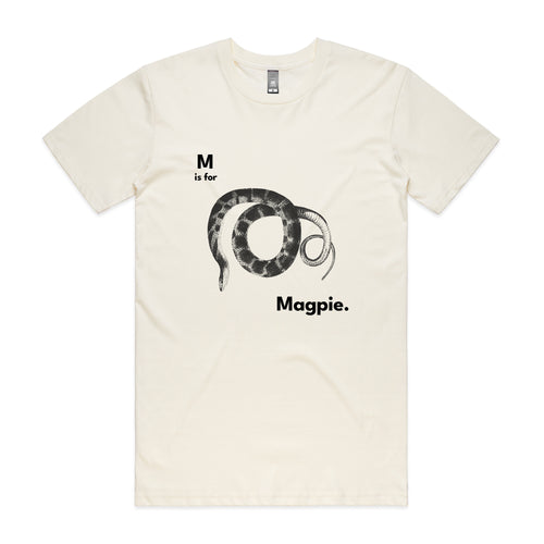 M Is For Magpie Tee by Lonely Kids Club. All clothing from our T-shirts to our shorts and hoodies are ethically made, and printed packed and shipped from Sydney.