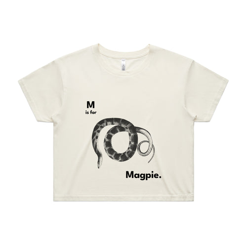 M Is For Magpie Tee by Lonely Kids Club. All clothing from our T-shirts to our shorts and hoodies are ethically made, and printed packed and shipped from Sydney.