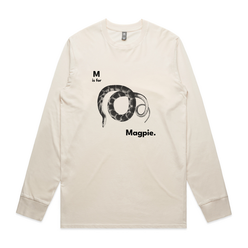 M Is For Magpie Tee by Lonely Kids Club. All clothing from our T-shirts to our shorts and hoodies are ethically made, and printed packed and shipped from Sydney.