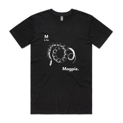 M Is For Magpie Tee by Lonely Kids Club. All clothing from our T-shirts to our shorts and hoodies are ethically made, and printed packed and shipped from Sydney.