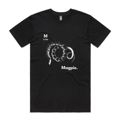 M Is For Magpie Tee by Lonely Kids Club. All clothing from our T-shirts to our shorts and hoodies are ethically made, and printed packed and shipped from Sydney.