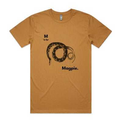 M Is For Magpie Tee by Lonely Kids Club. All clothing from our T-shirts to our shorts and hoodies are ethically made, and printed packed and shipped from Sydney.