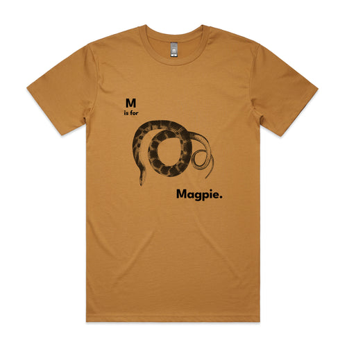 M Is For Magpie Tee by Lonely Kids Club. All clothing from our T-shirts to our shorts and hoodies are ethically made, and printed packed and shipped from Sydney.