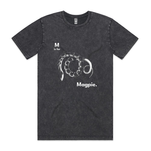 M Is For Magpie Tee by Lonely Kids Club. All clothing from our T-shirts to our shorts and hoodies are ethically made, and printed packed and shipped from Sydney.