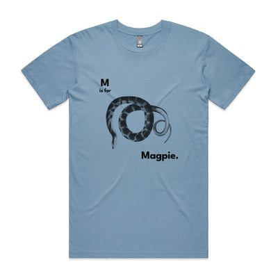M Is For Magpie Tee by Lonely Kids Club. All clothing from our T-shirts to our shorts and hoodies are ethically made, and printed packed and shipped from Sydney.