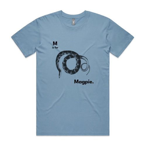 M Is For Magpie Tee by Lonely Kids Club. All clothing from our T-shirts to our shorts and hoodies are ethically made, and printed packed and shipped from Sydney.