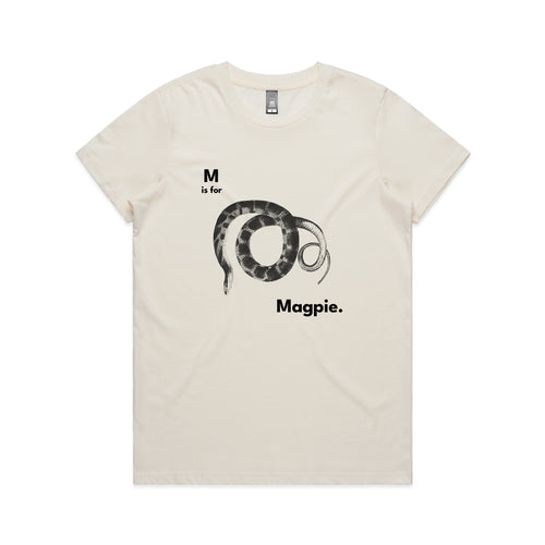 M Is For Magpie Tee by Lonely Kids Club. All clothing from our T-shirts to our shorts and hoodies are ethically made, and printed packed and shipped from Sydney.