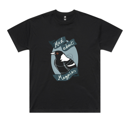 Mad About Magpies Oversized Tee by Lonely Kids Club. All clothing from our T-shirts to our shorts and hoodies are ethically made, and printed packed and shipped from Sydney.