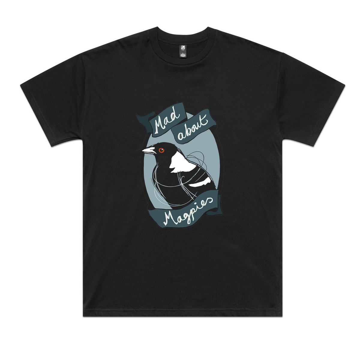 Black oversized t-shirt with Mad About Magpies graphic by Lonely Kids Club