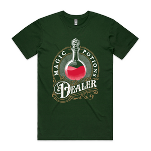 Magic Potions Dealer Tee by Lonely Kids Club. All clothing from our T-shirts to our shorts and hoodies are ethically made, and printed packed and shipped from Sydney.