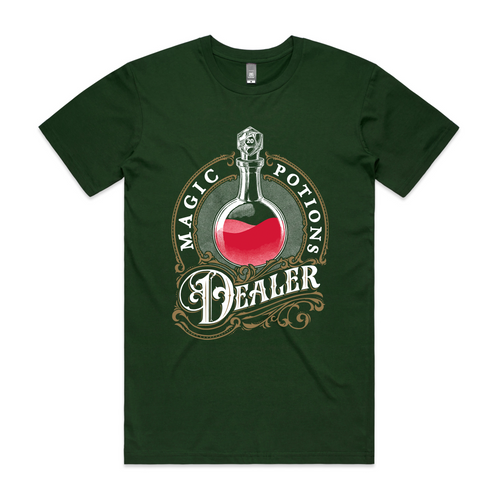 Magic Potions Dealer Tee by Lonely Kids Club. All clothing from our T-shirts to our shorts and hoodies are ethically made, and printed packed and shipped from Sydney.