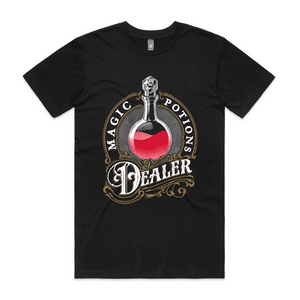 Magic Potions Dealer Tee by Lonely Kids Club. All clothing from our T-shirts to our shorts and hoodies are ethically made, and printed packed and shipped from Sydney.