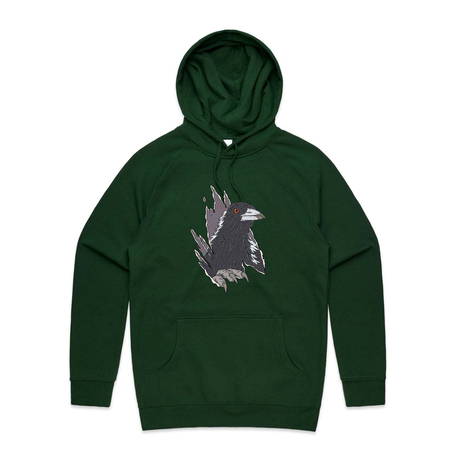 Magpie Attack Hoodie by Lonely Kids Club. All clothing from our T-shirts to our shorts and hoodies are ethically made, and printed packed and shipped from Sydney.