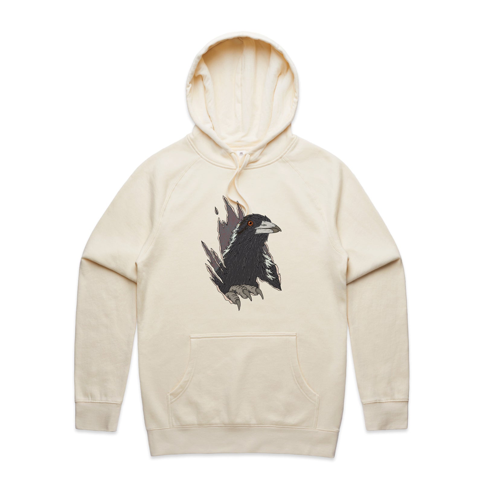 Magpie Attack Hoodie by Lonely Kids Club. All clothing from our T-shirts to our shorts and hoodies are ethically made, and printed packed and shipped from Sydney.